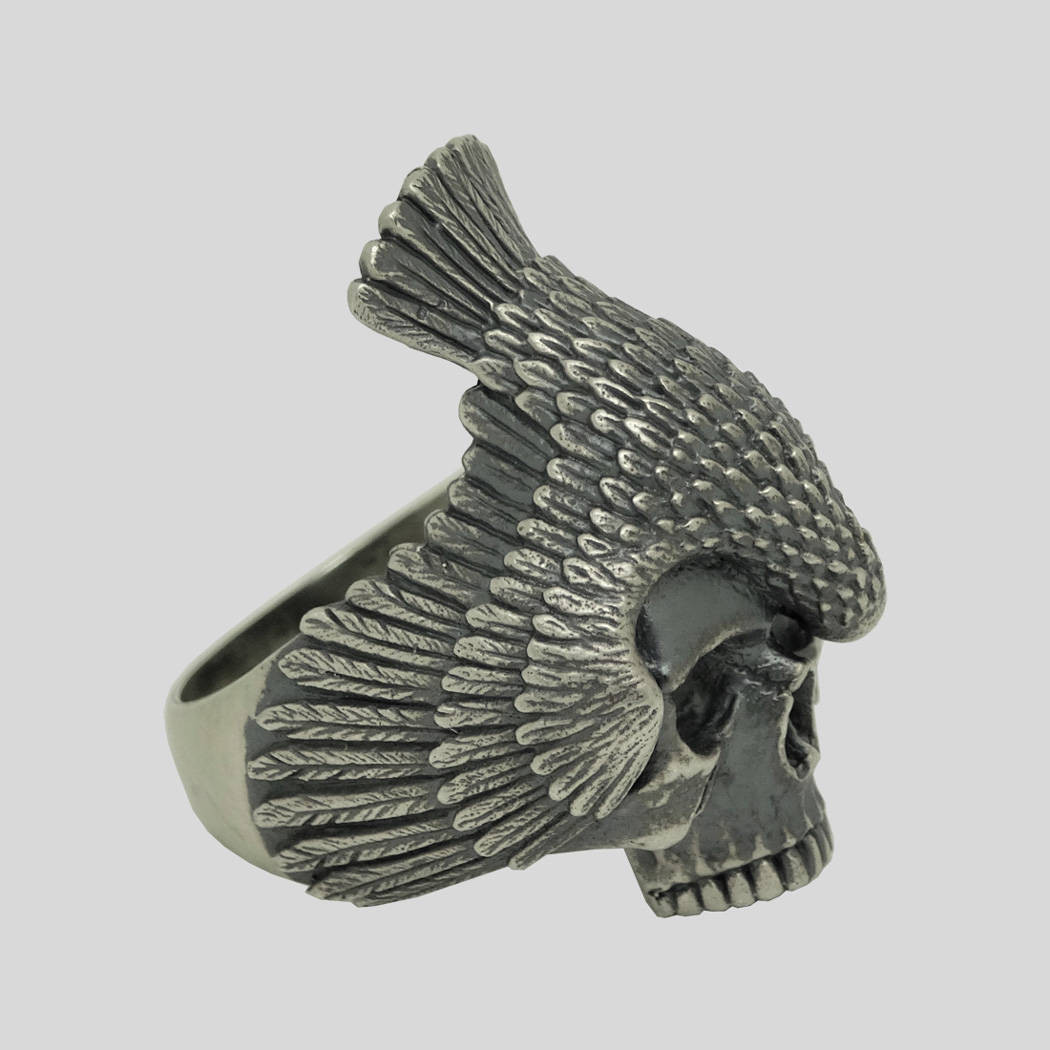 thumbnail interactive-video image 1 of Empress 925 Sterling Silver Raven Skull Ring – Solid Handmade Men’s Statement Ring – Nickel-Free 1 of 5