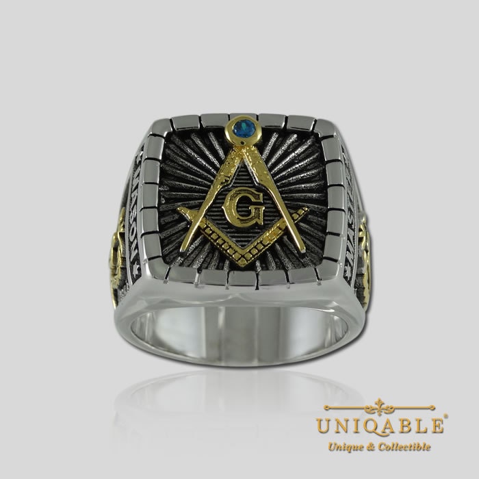 Masonic Ring Blue Lodge White Gold With Synthetic Sapphire